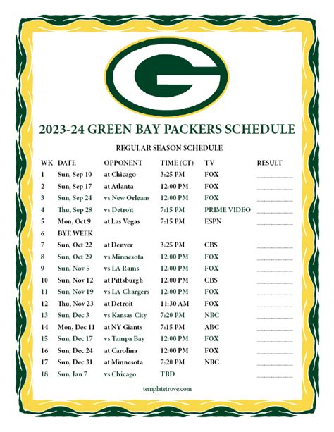 Green Bay Packers schedule printable from official website