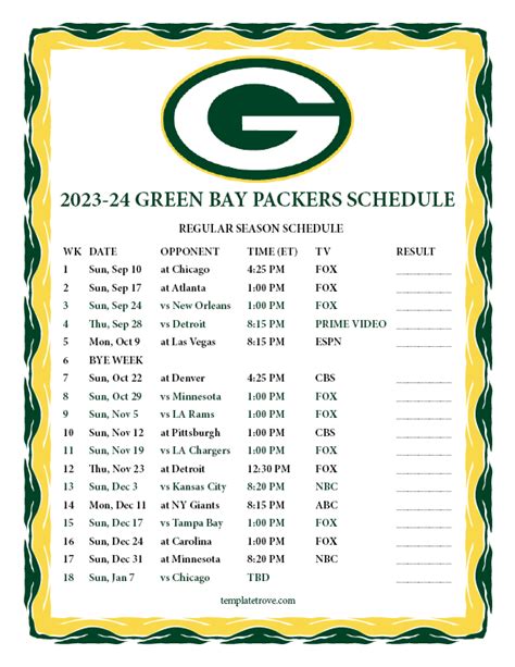 Packers Schedule Printable PDF Download