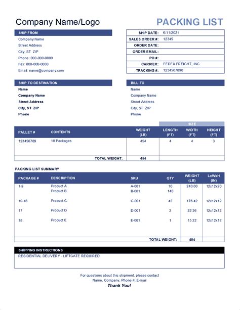 Packing Slip Format Example in Excel