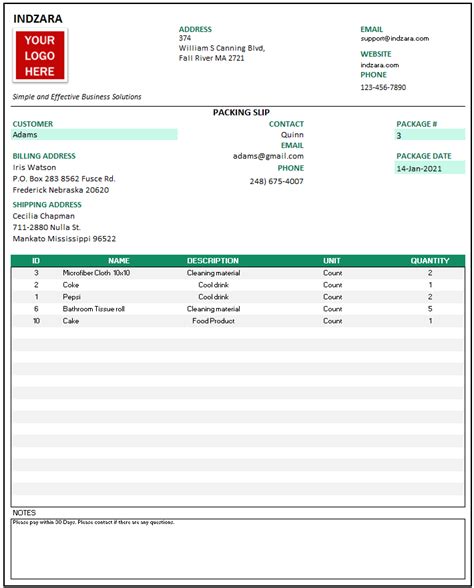 Packing Slip Format in Excel