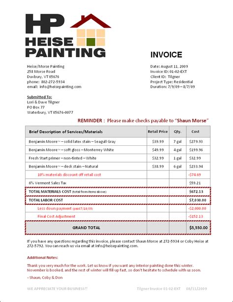 Painter Invoice Template Sample Example