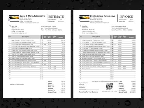 Paintless Dent Repair Invoice Format