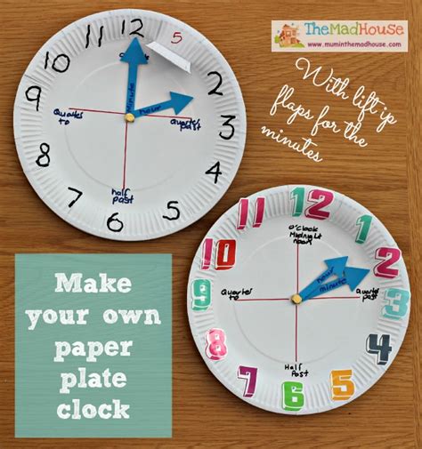 A paper plate clock with colorful hands