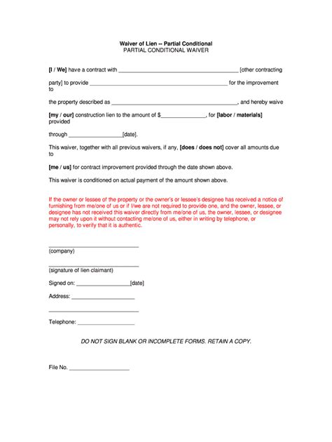 Partial Lien Waiver Form Example