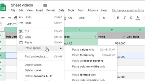 Paste special feature in Google Sheets