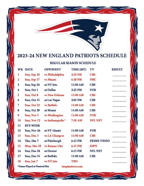 Printable Patriots Schedule