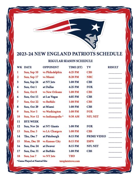 Patriots Schedule Format