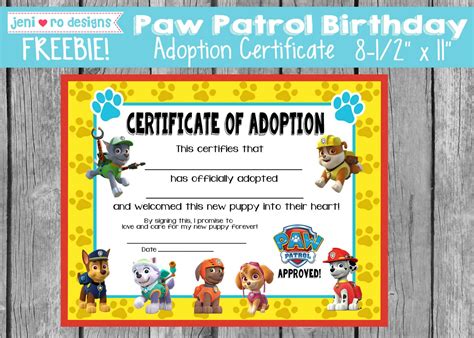 Paw Patrol certificate