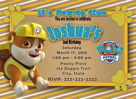 Paw Patrol Rubble Invitation