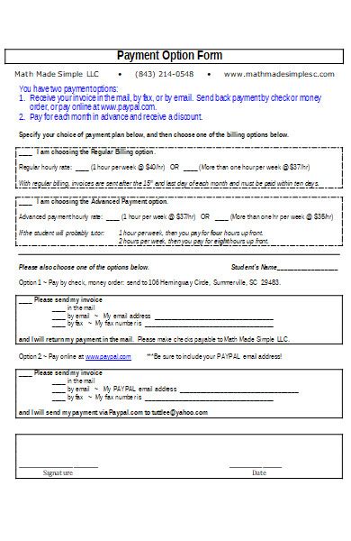 Payment Options Order Form Example