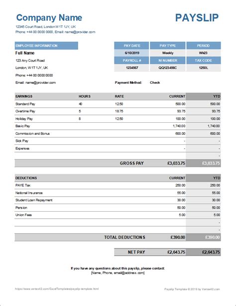 Payslip template with detailed breakdown