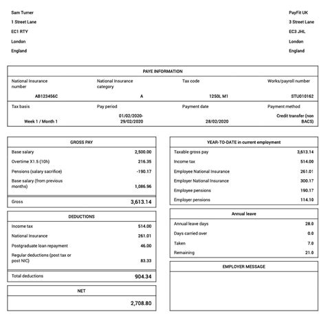 Payslip template with tax and social security