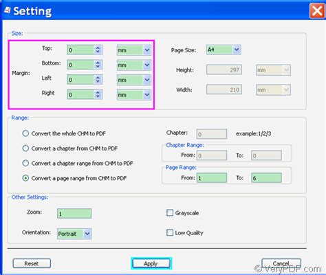 Using the PDF converter's margin settings