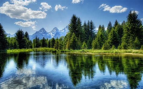 A peaceful landscape with a calm lake and mountains in the background