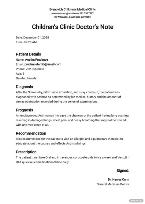 Pediatric Doctors Note Template