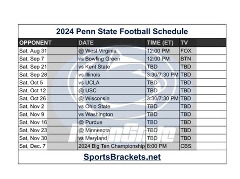 Penn State Football Printable Schedule