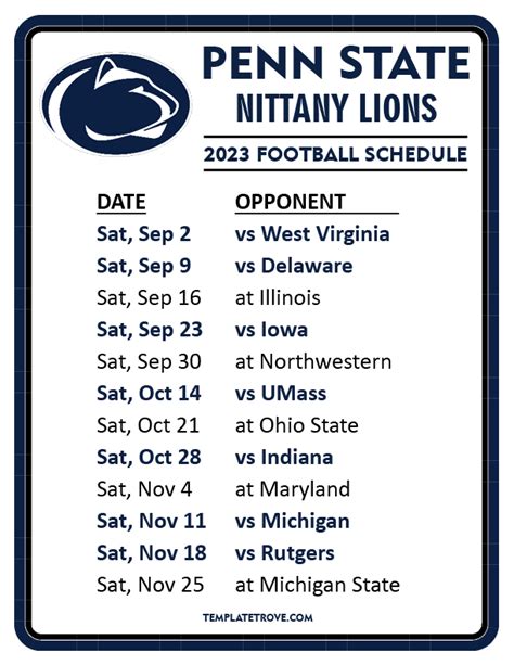 Penn State Football Schedule by Month