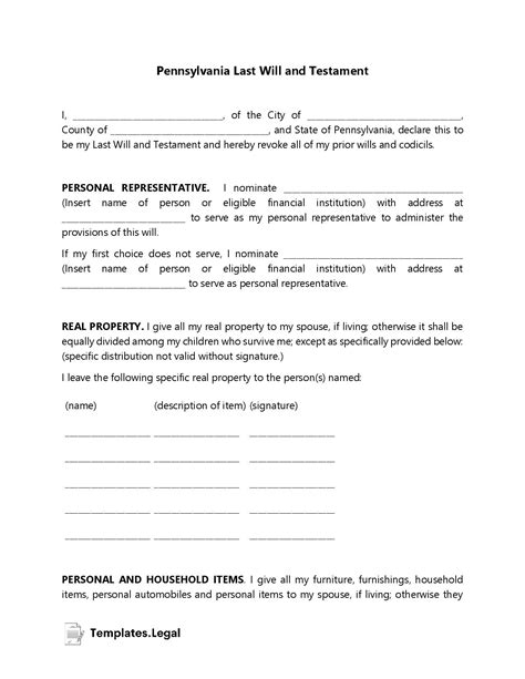 Pennsylvania Last Will and Testament Template 2