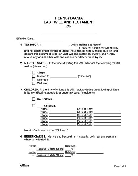 Pennsylvania Last Will and Testament Template 4