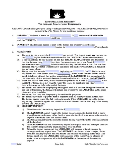 Pennsylvania Lease Agreement Sample