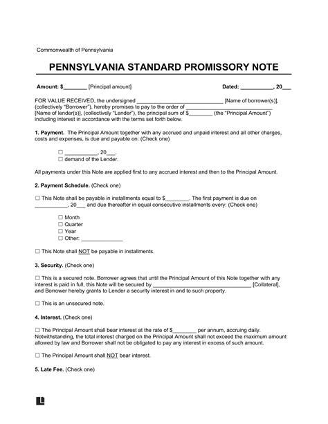 Pennsylvania Promissory Note Template