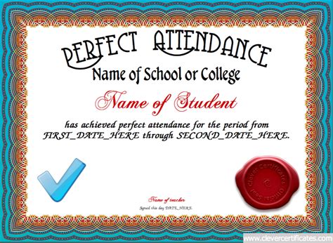 Perfect Attendance Certificate for High School