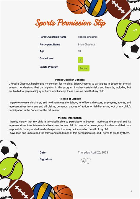 Sports Event Permission Slip Template