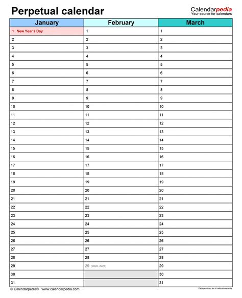 Free Printable Perpetual Calendar Template