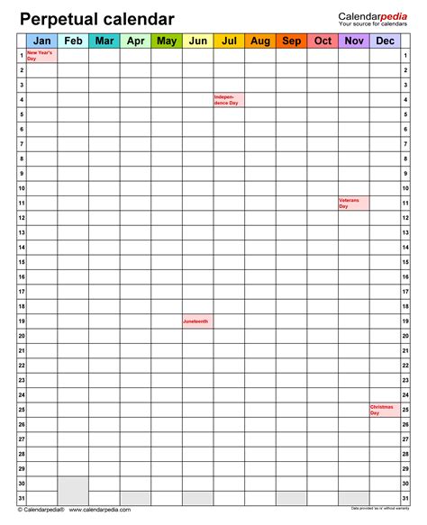 Perpetual calendar templates in Excel