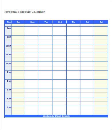 Personal calendar template for organization