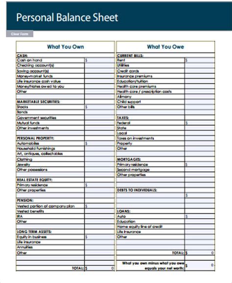 Personal Finance Ledger Balance Sheet Template Example