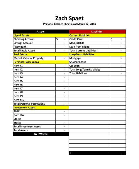 Personal Finance Ledger Balance Sheet Template