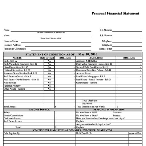 Personal Financial Statement Excel Example