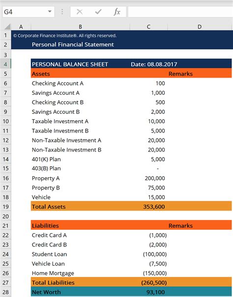 Personal Financial Statement Excel Template 1