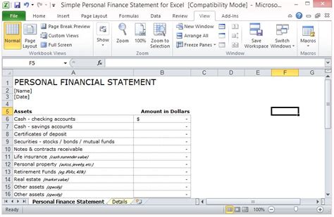 Personal Financial Statement Excel Template Income Expenses