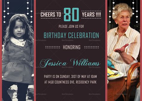 Personalized Portrait 80th Birthday Invitation Template