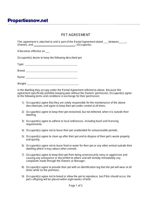 Pet Agreement Form Template