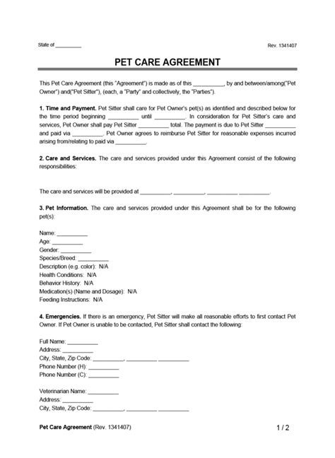 Pet Care Agreement Template