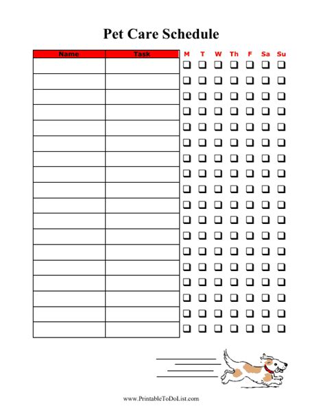 Example of a pet care schedule template