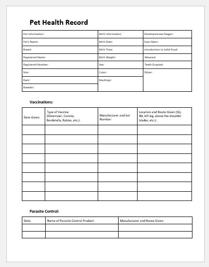 Pet Health Record Template Download