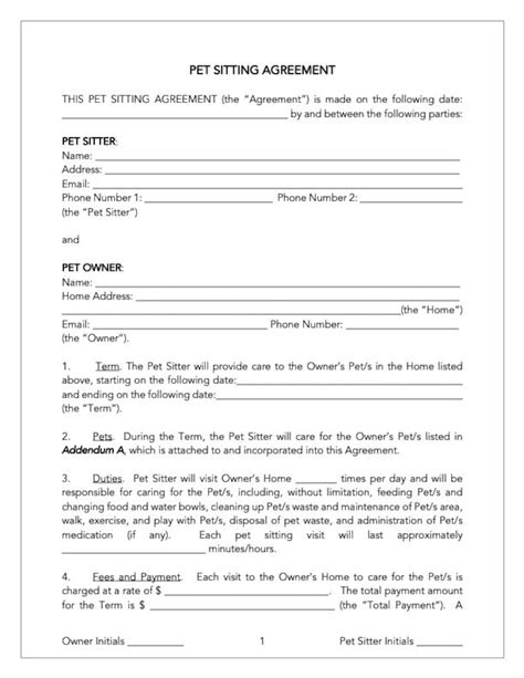 Pet Sitter Agreement Template Word