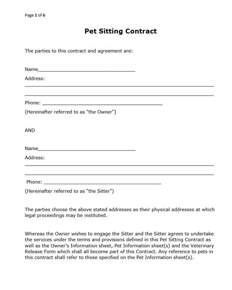 Pet sitting contract template