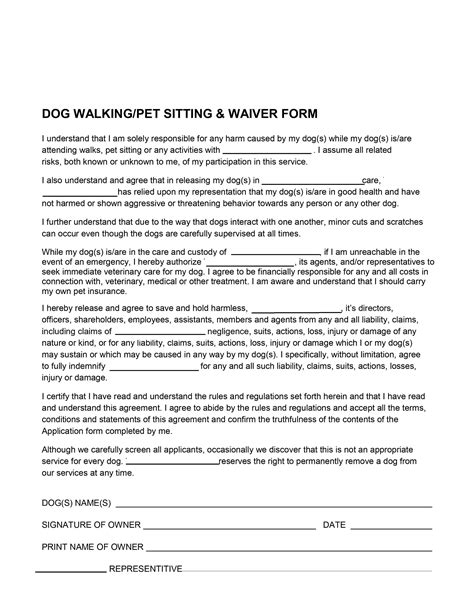 Pet sitting waiver template sample