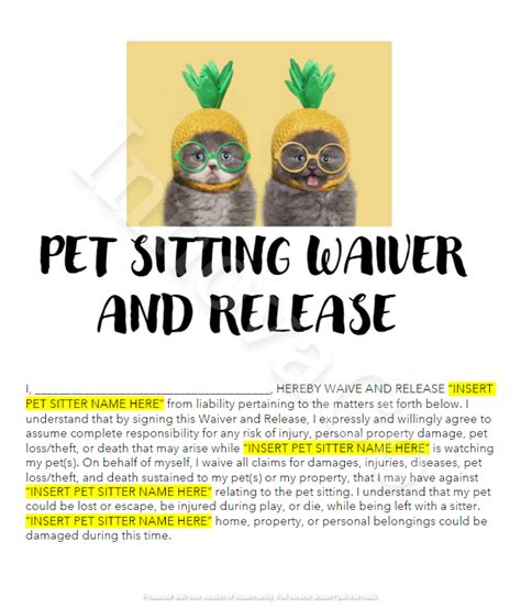 Pet sitting waiver template sample