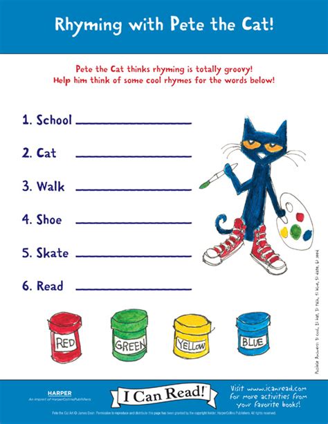 Pete the Cat rhyming bingo template