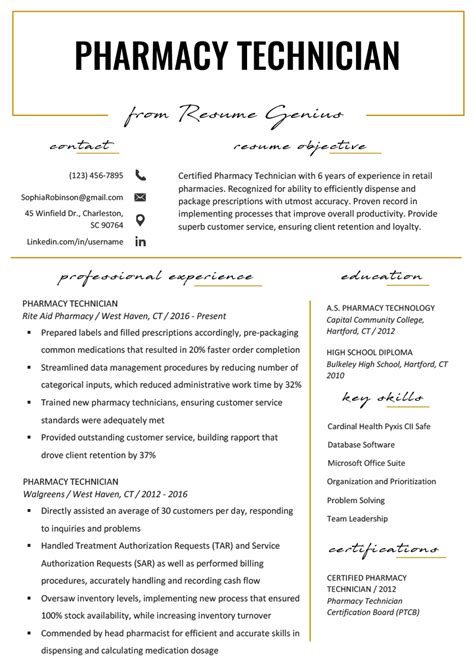 Pharmacy Technician Resume Templates Free