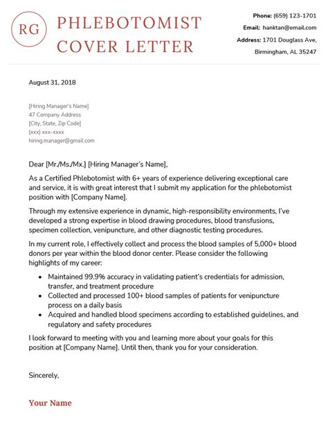 Phlebotomist Cover Letter Template