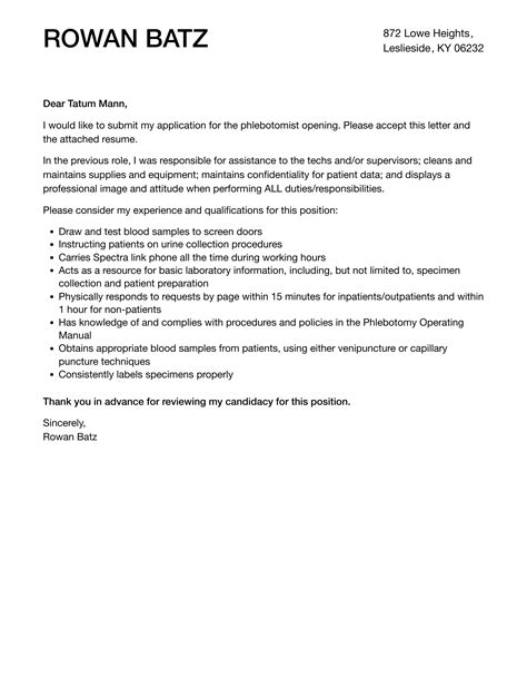 Phlebotomy Cover Letter Template Example