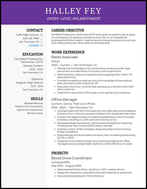 Phlebotomy Resume Template with Certifications