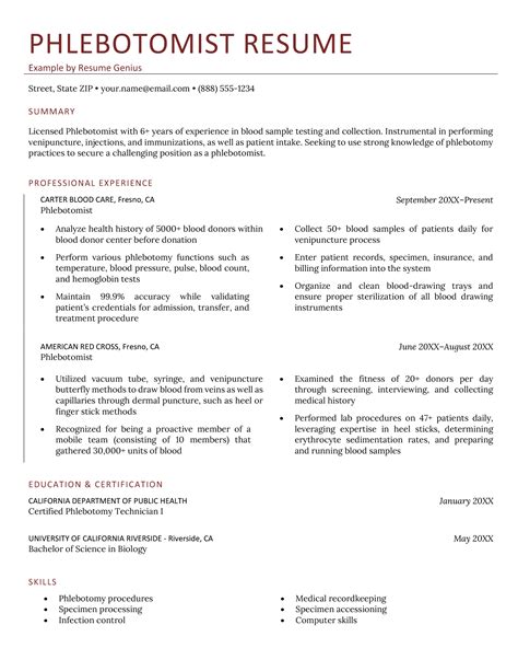 Phlebotomy Resume Template with Volunteer Experience